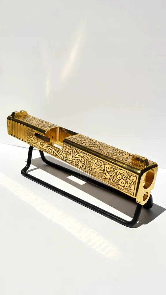 Corredera de una arma con grabado personalizado a láser y baño de oro de 24k
